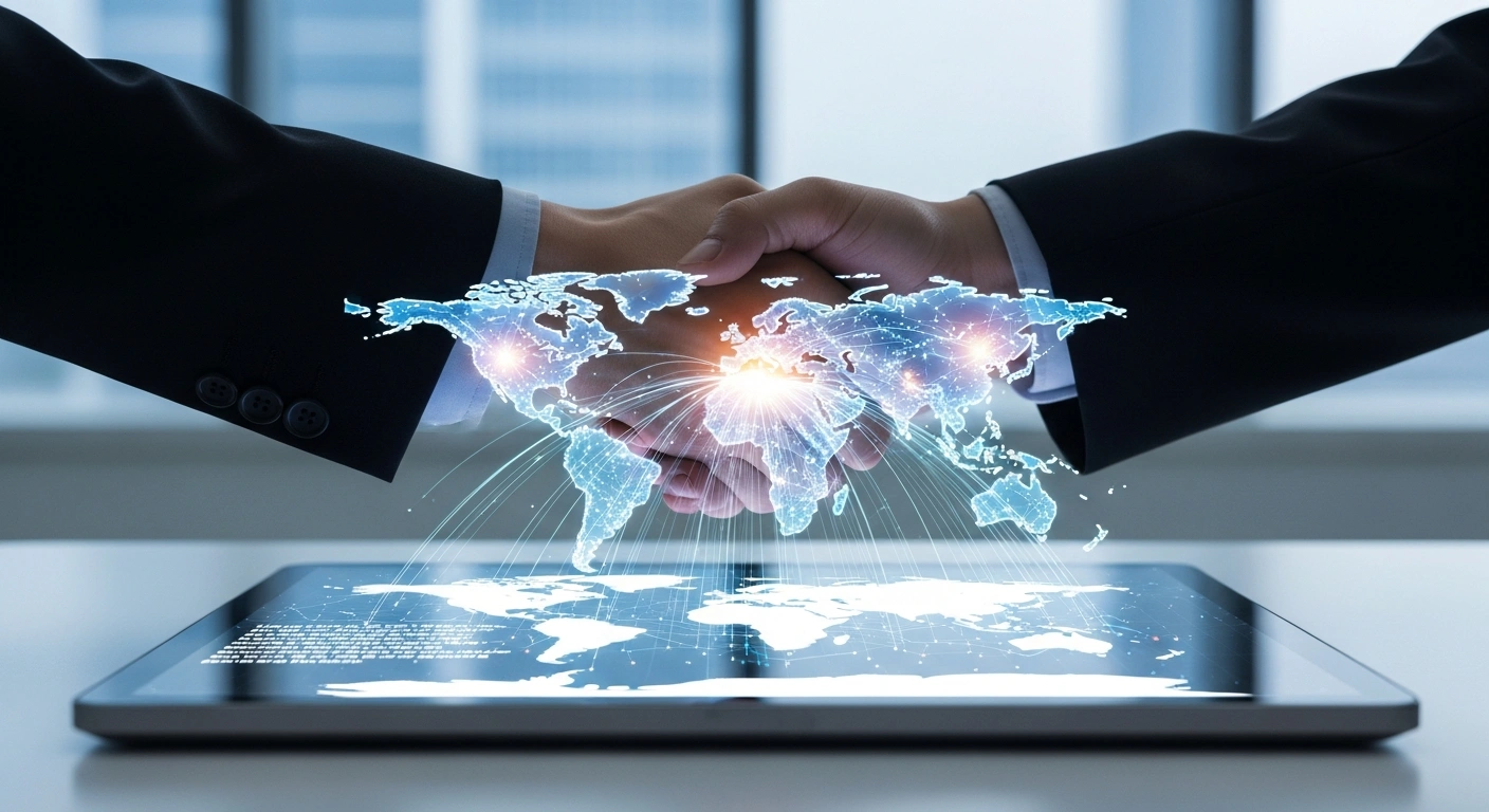 A symbolic image depicting a handshake between a Western and an Eastern hand over a glowing holographic world map, representing AstraZeneca's significant licensing agreement with China's CSPC Pharmaceutical Group for experimental obesity and weight-related drugs, involving billions in payments and global rights.