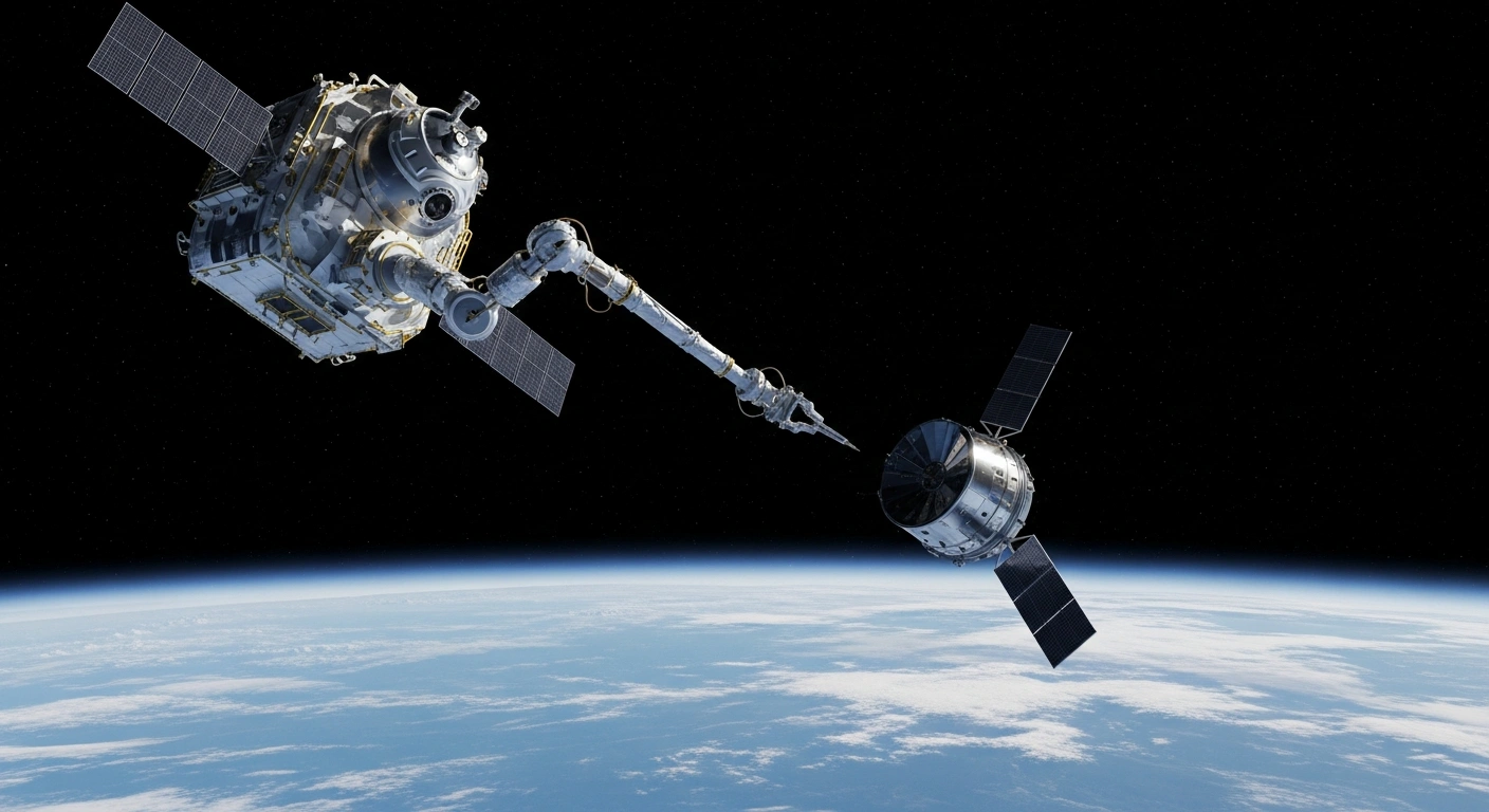 A sleek, advanced robotic spacecraft, brightly lit by direct sunlight in Low Earth Orbit, extends a precision arm towards a tumbling derelict satellite, set against the vibrant blue and white backdrop of Earth, illustrating the development of deorbiting capabilities for space debris.