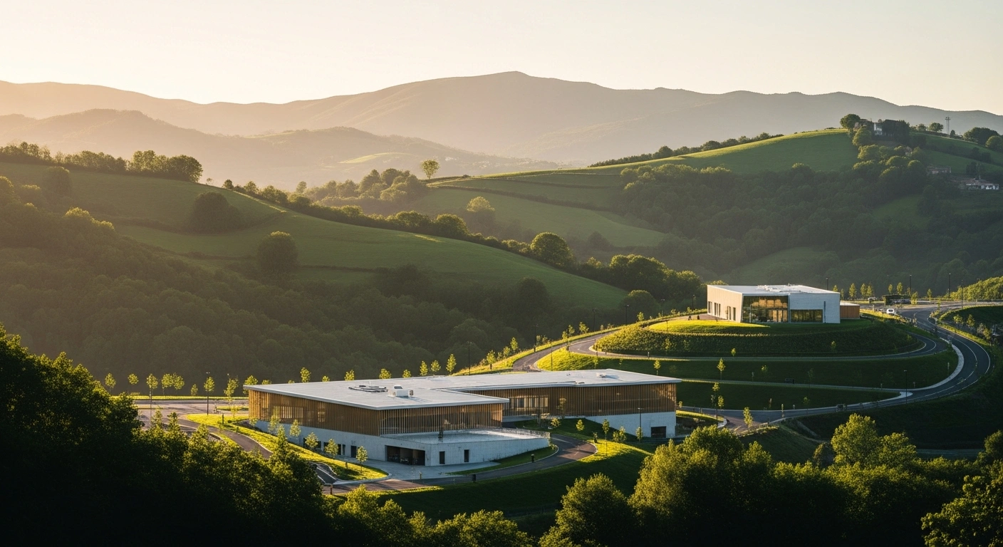 A modern public infrastructure project sits in the lush green landscape of the Asturias region, representing the new financial investment from the Spanish government.