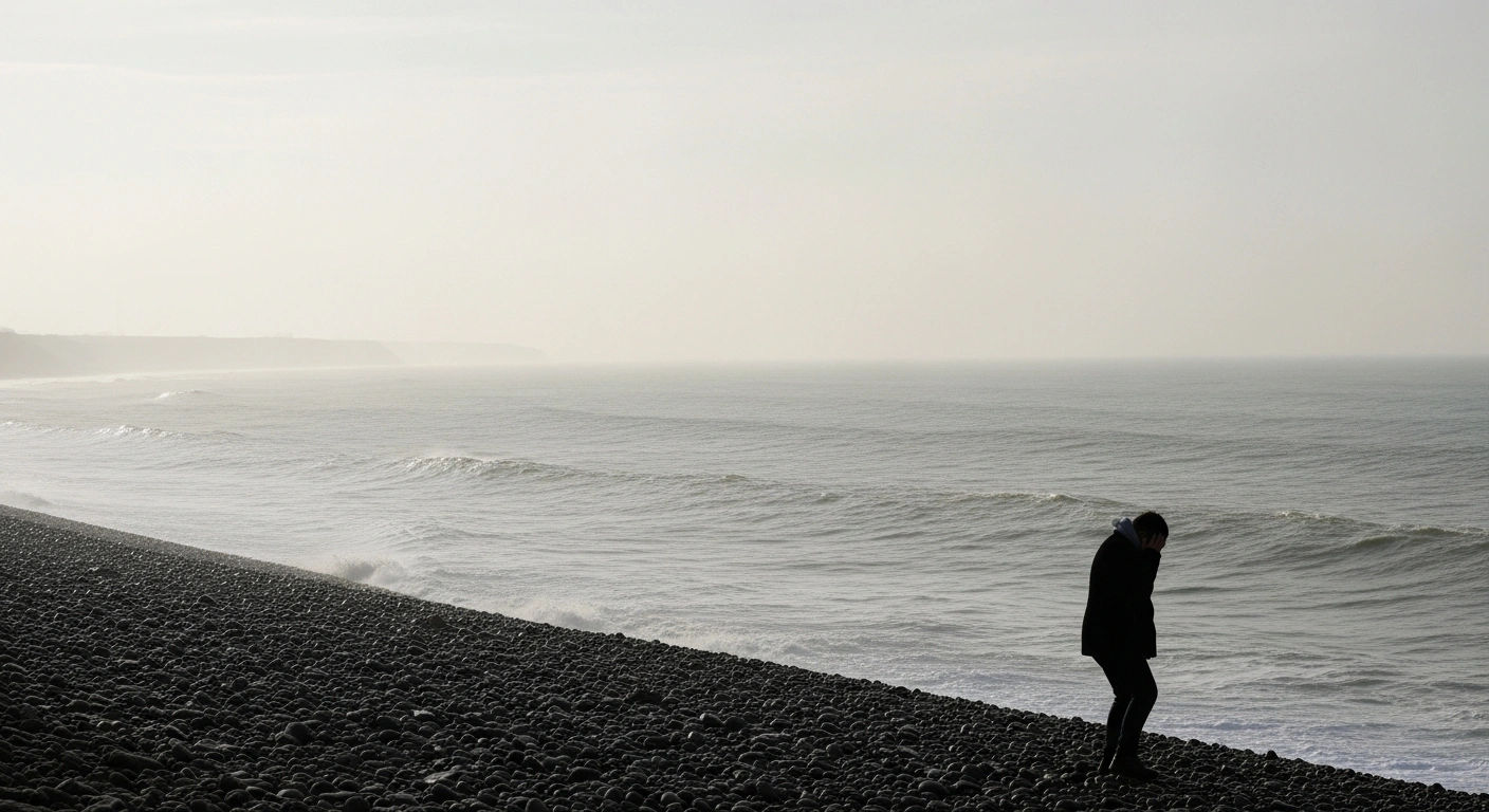 A lone, silhouetted asylum seeker stands on a desolate French coastline at pre-dawn, gazing across the turbulent English Channel towards the UK, reflecting the profound desperation and safety concerns reported by individuals returned under a pilot scheme.