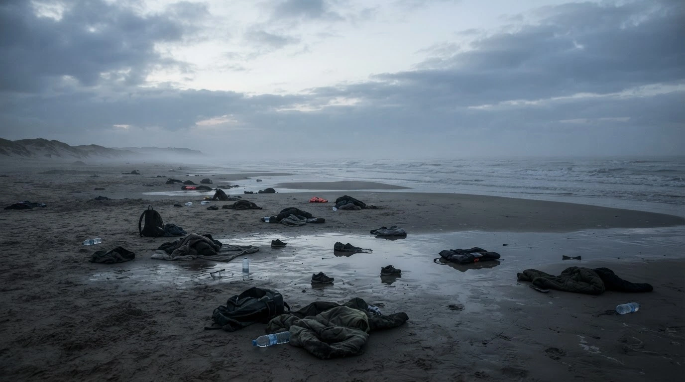 Abandoned belongings left on a desolate beach represent the disappearance of asylum seekers following their transfer from the United Kingdom to France.