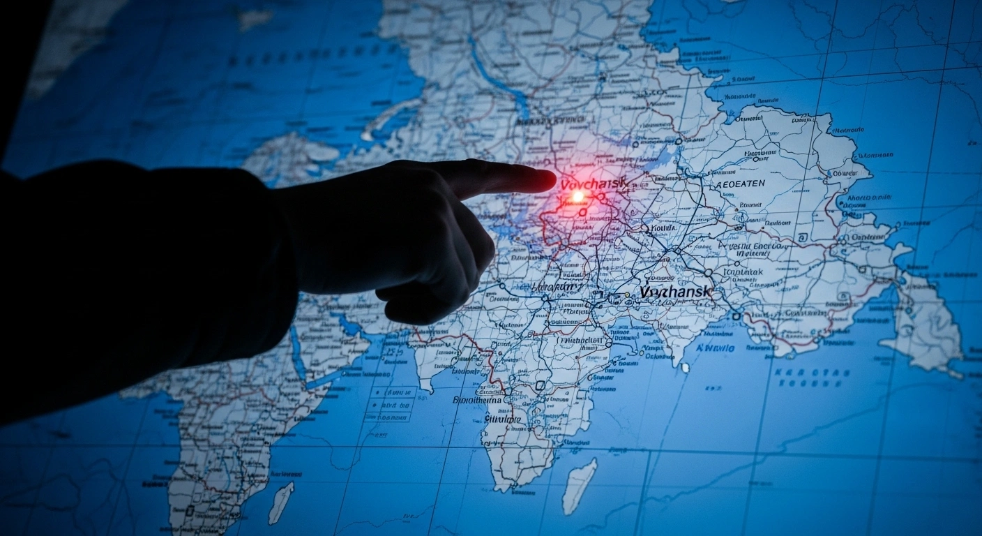 A shadowy figure points at a tactical map highlighting the Vovchansk area, symbolizing critical intelligence provided by Ukrainian resistance movement ATESH agents within Russia's 82nd Motor Rifle Regiment, which helped prevent a Russian offensive in the Kharkiv region.