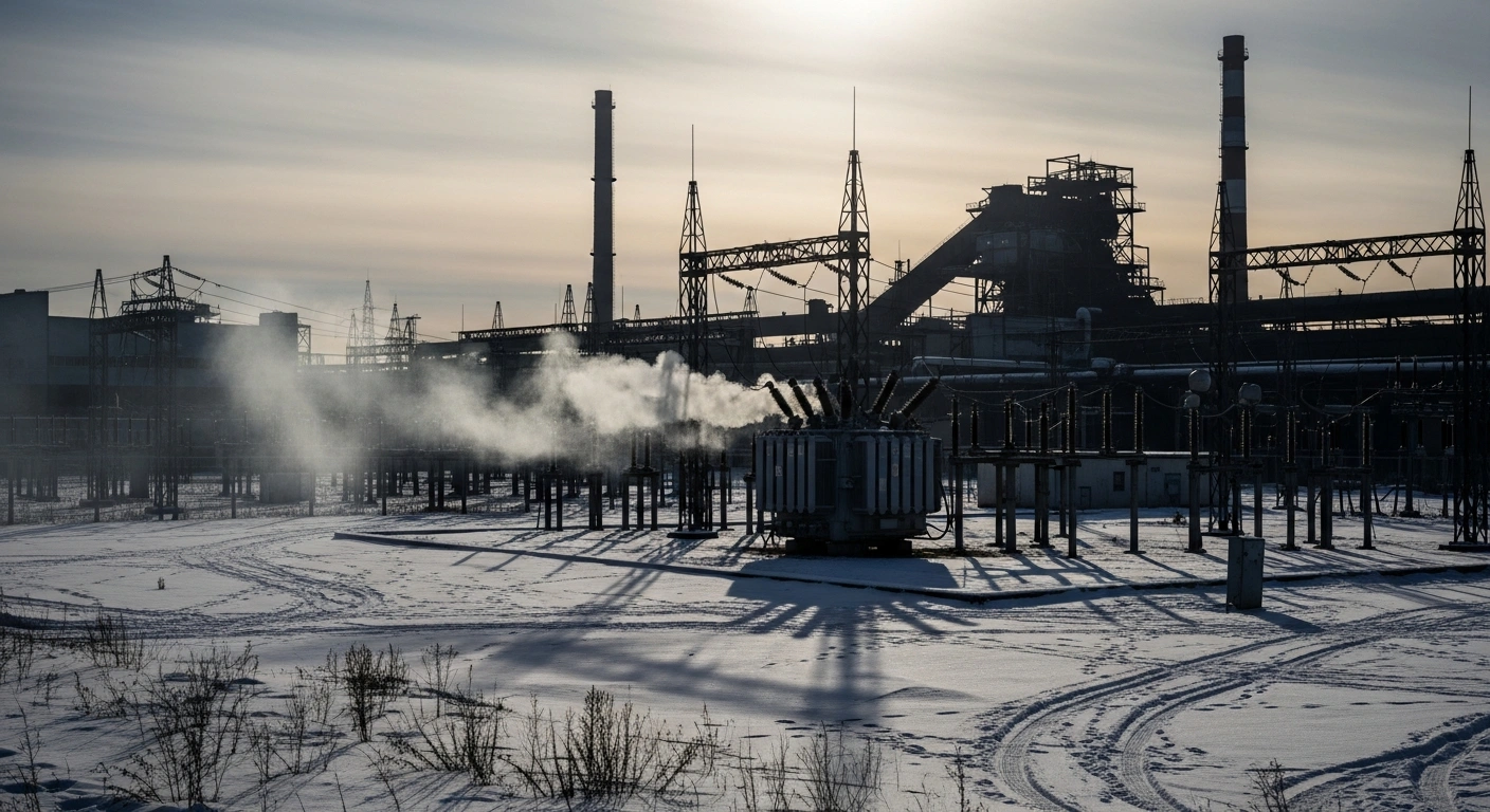A wide, cinematic shot depicts a damaged electrical substation near the Bummash metallurgical plant in Russia's Udmurt Republic, with smoke rising from a transformer and the plant partially dark, illustrating the power disruption claimed by the Atesh partisan movement.