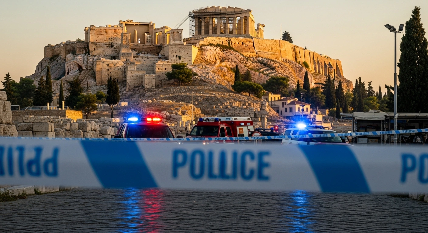 Greek police investigate a crime scene near the Acropolis in Athens following a stabbing attack involving American tourists.