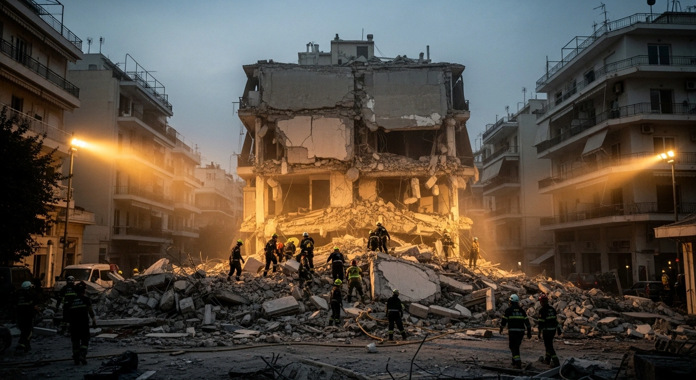 Emergency rescue workers search through the rubble of a collapsed four-story apartment building in central Athens following an adjacent excavation accident.