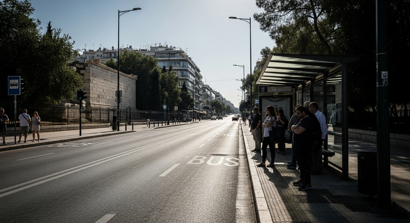 A wide, low-angle shot captures an empty bus stop in central Athens, Greece, under harsh mid-day light, with a small group of frustrated commuters waiting, symbolizing the significant disruption to bus services on Wednesday, December 17, 2025, due to a six-hour work stoppage by drivers.