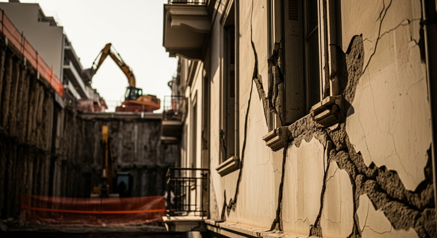 A cracked residential building stands near an active metro construction site in the Kypseli district of Athens as authorities investigate structural damage.