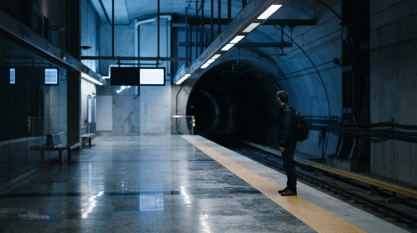 A quiet and empty Athens Metro station platform at night following the implementation of earlier closing times for transit service.