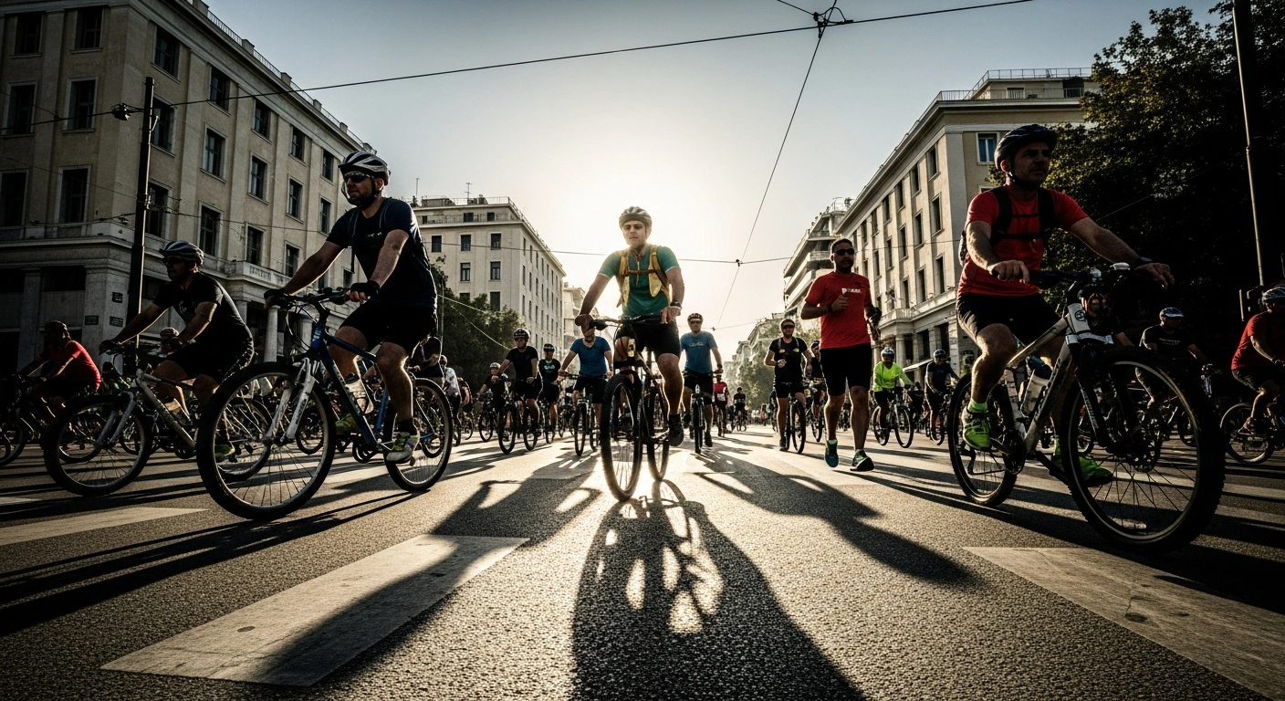 Participants in the Run Bike Care event cycle and run through the streets of central Athens during a charity race for cancer awareness.