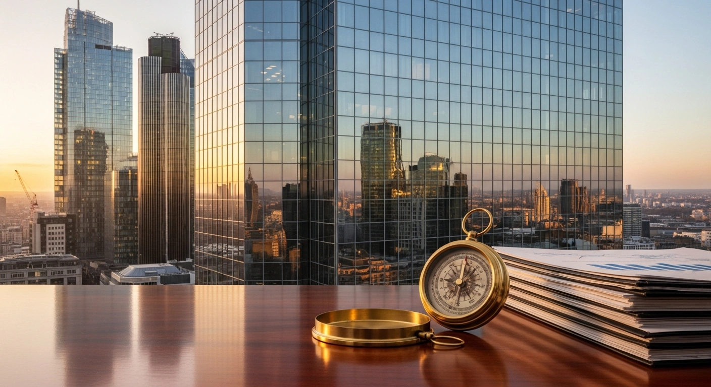 A modern office overlooking the London skyline represents the corporate headquarters relocation of Athora Holding Ltd. following its acquisition of Pension Insurance Corporation.