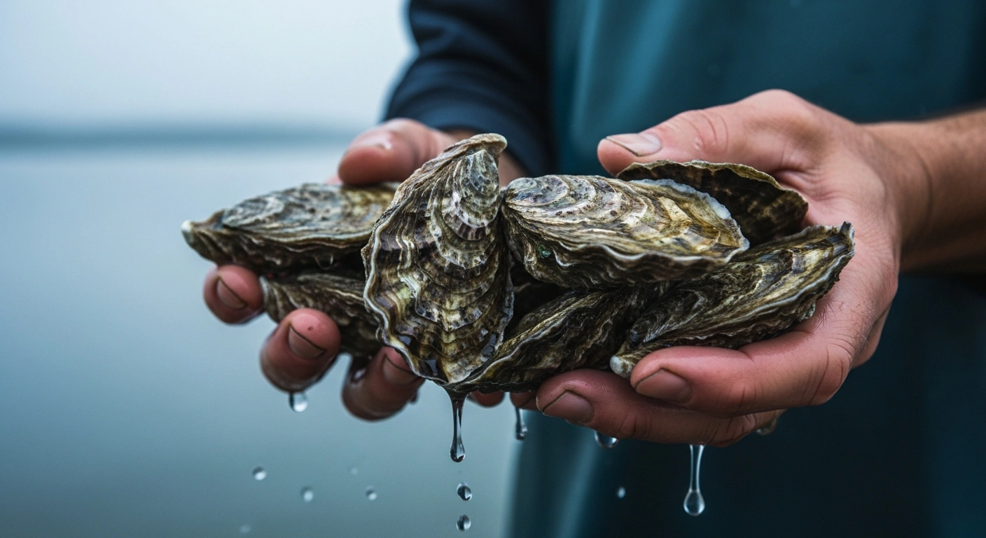 A close-up of an oyster farmer holding fresh oysters in Prince Edward Island to highlight the Canadian government's support for the industry against MSX disease.