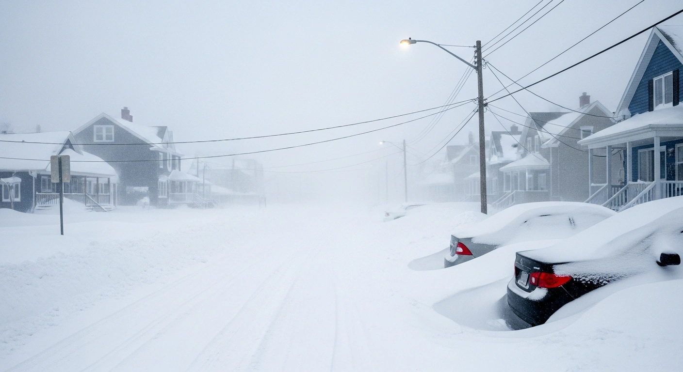 A deserted street in an Atlantic Canadian town is buried under heavy, wind-driven snow during a powerful winter storm, with towering snowdrifts engulfing parked cars and a single streetlamp casting a weak glow.
