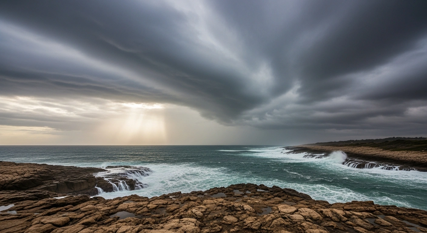 A dramatic view of a turbulent Atlantic coastline under dark, swirling storm clouds during the 2026 hurricane season outlook.