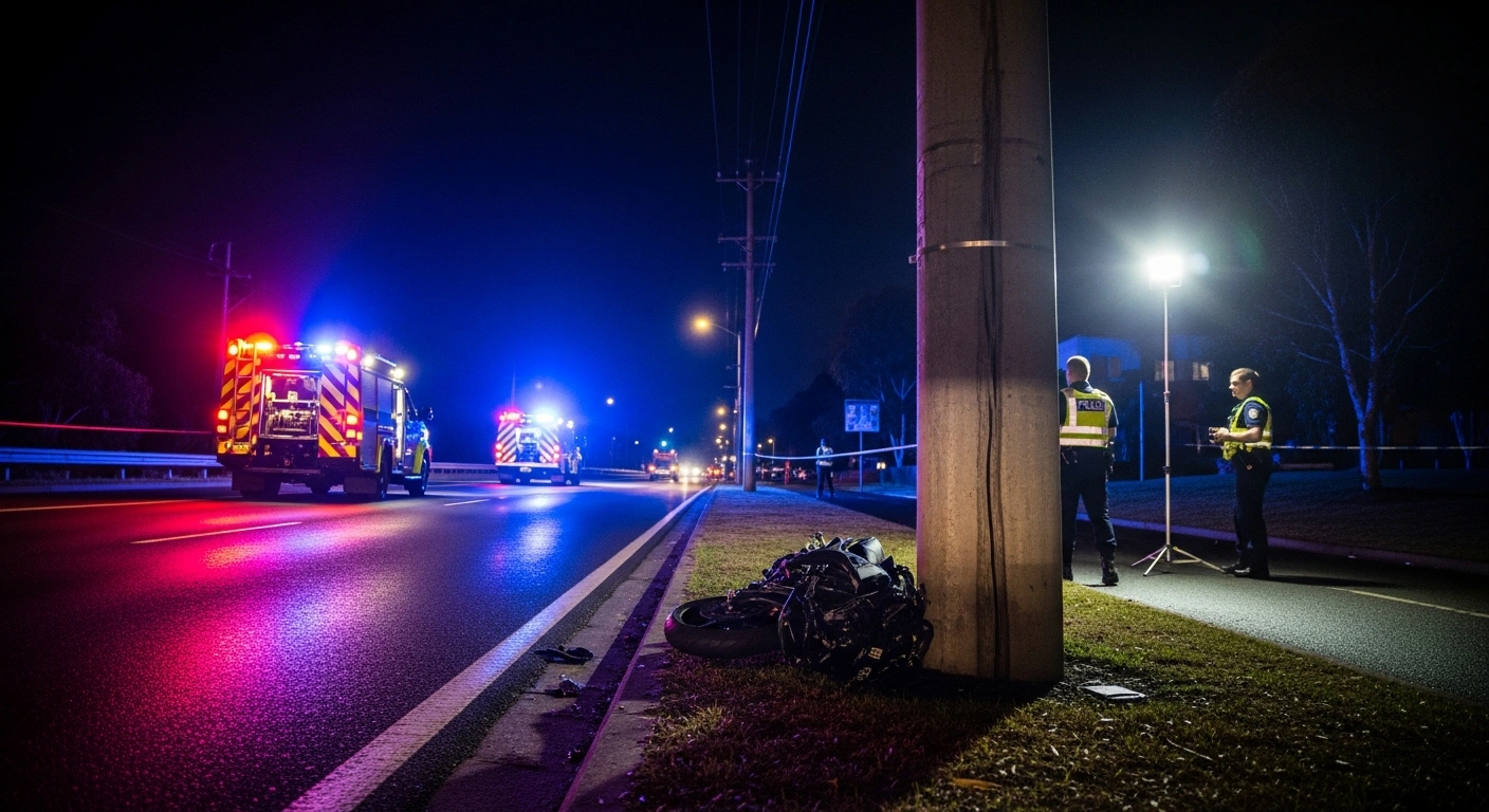 A wrecked motorcycle lies at the base of a power pole on a dark street in Auburn, Sydney, illuminated by the flashing blue and red lights of emergency vehicles during a late-night police investigation into a fatal crash.