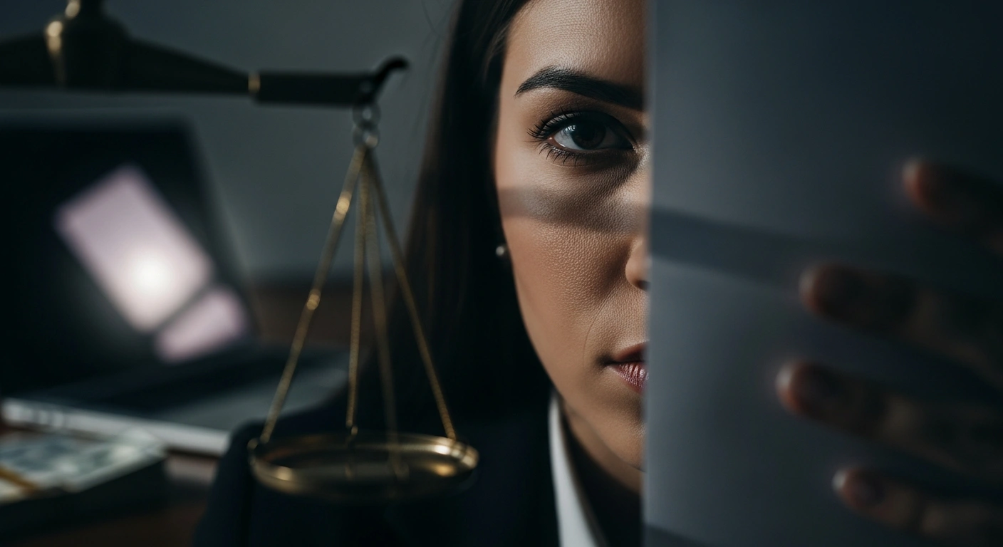 A close-up shot shows the lower part of a woman's face, partially obscured by shadow, with a blurred laptop screen and a stack of currency faintly visible in the background, symbolizing an Auckland woman charged with a romance scam that defrauded a Dunedin man of over $517,000 between 2006 and 2024.