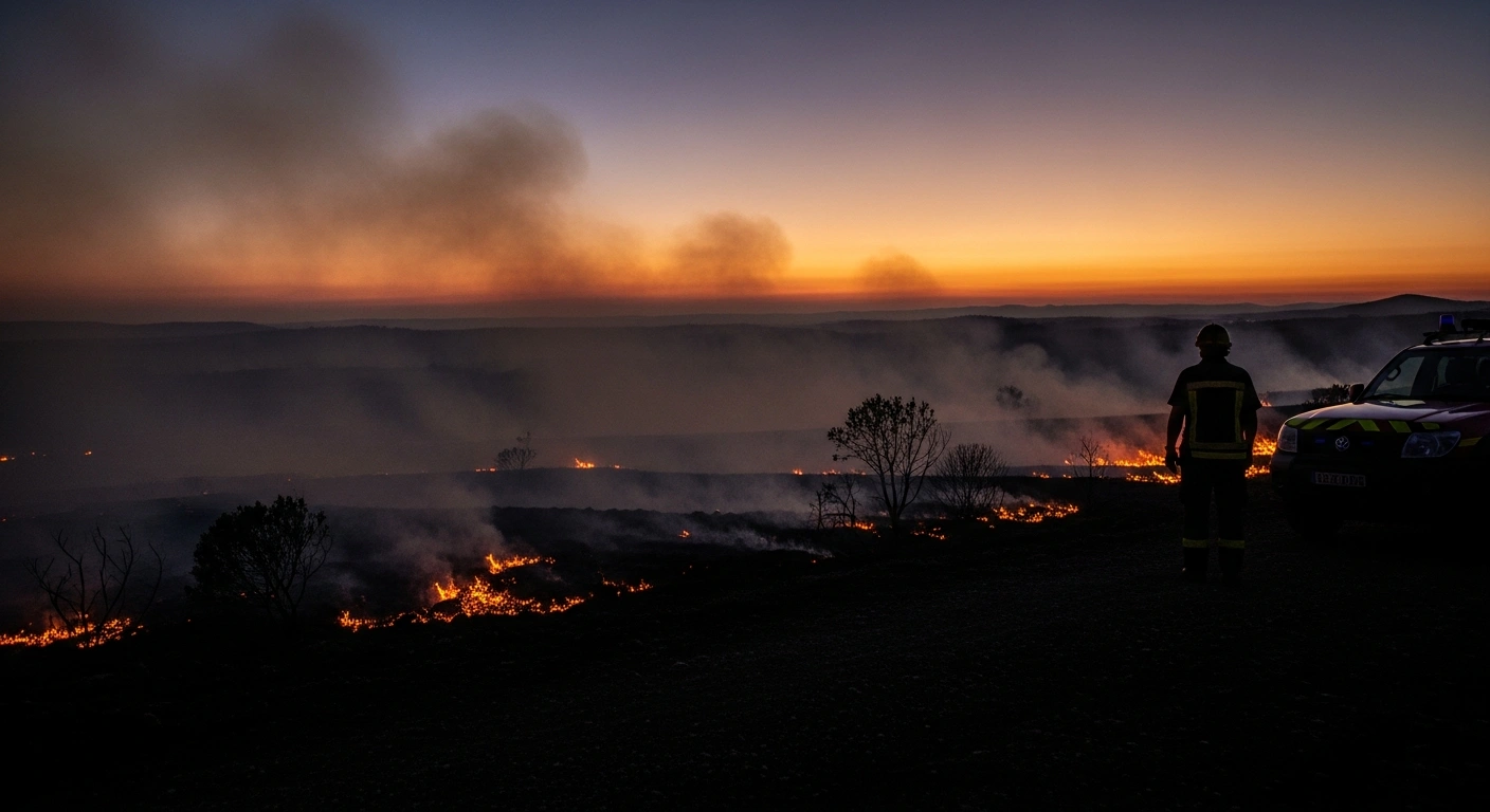 French emergency services monitor the smoldering landscape after containing a large wildfire in the Aude department.