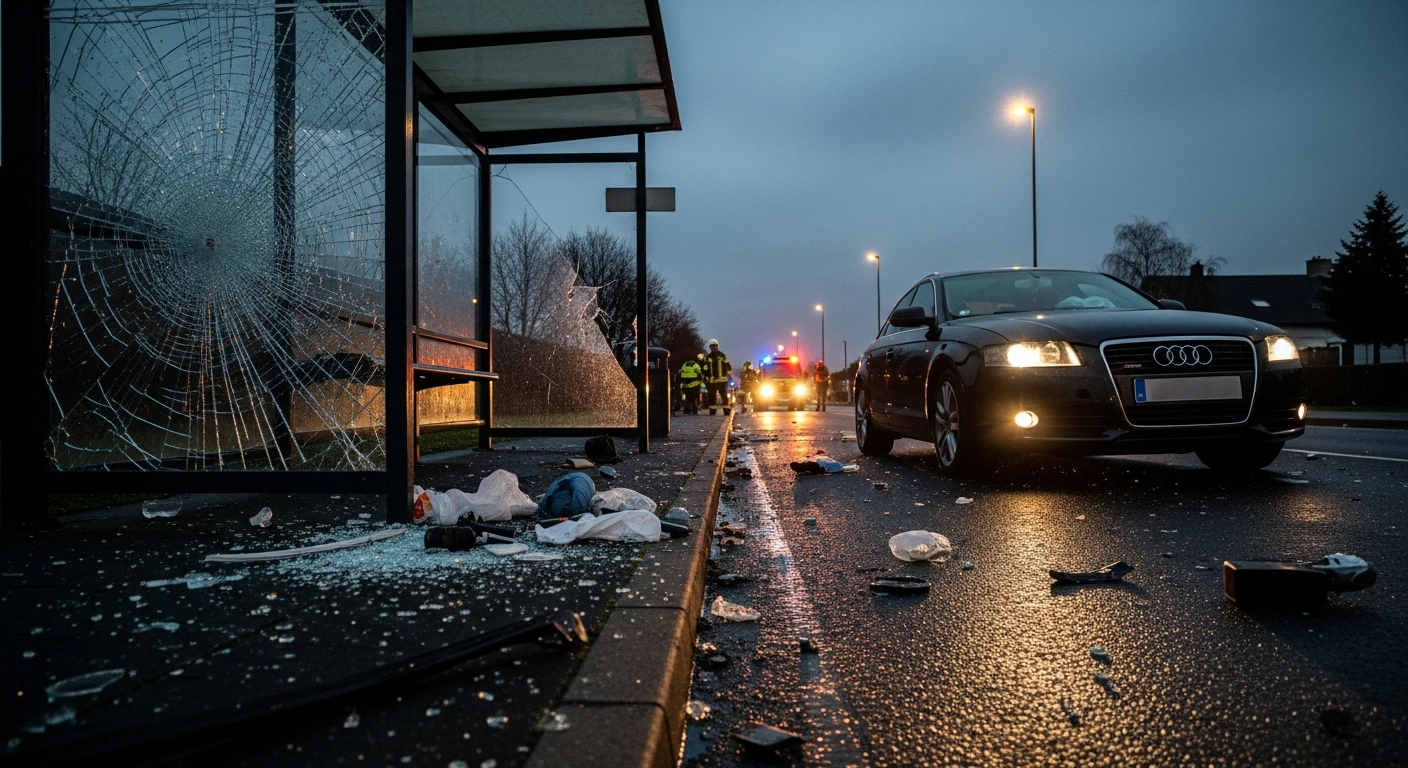 A dark, crumpled Audi is seen crashed into a shattered bus stop in Giessen, Germany, surrounded by debris and emergency personnel, following an incident where a 32-year-old Azerbaijani driver injured four people.