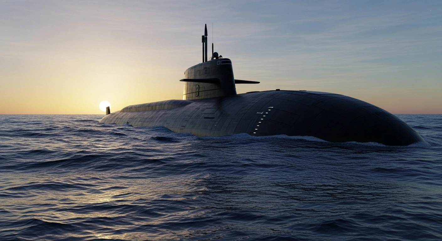 A modern nuclear-powered submarine surfaces in the ocean, representing the ongoing AUKUS trilateral security partnership between the United States, United Kingdom, and Australia.