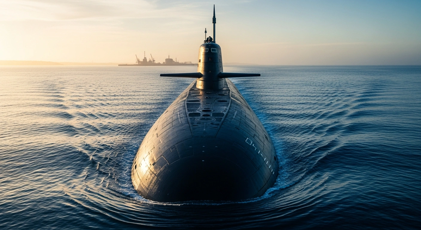 A nuclear-powered submarine patrols the waters near HMAS Stirling as part of the AUKUS Submarine Rotational Force-West initiative.