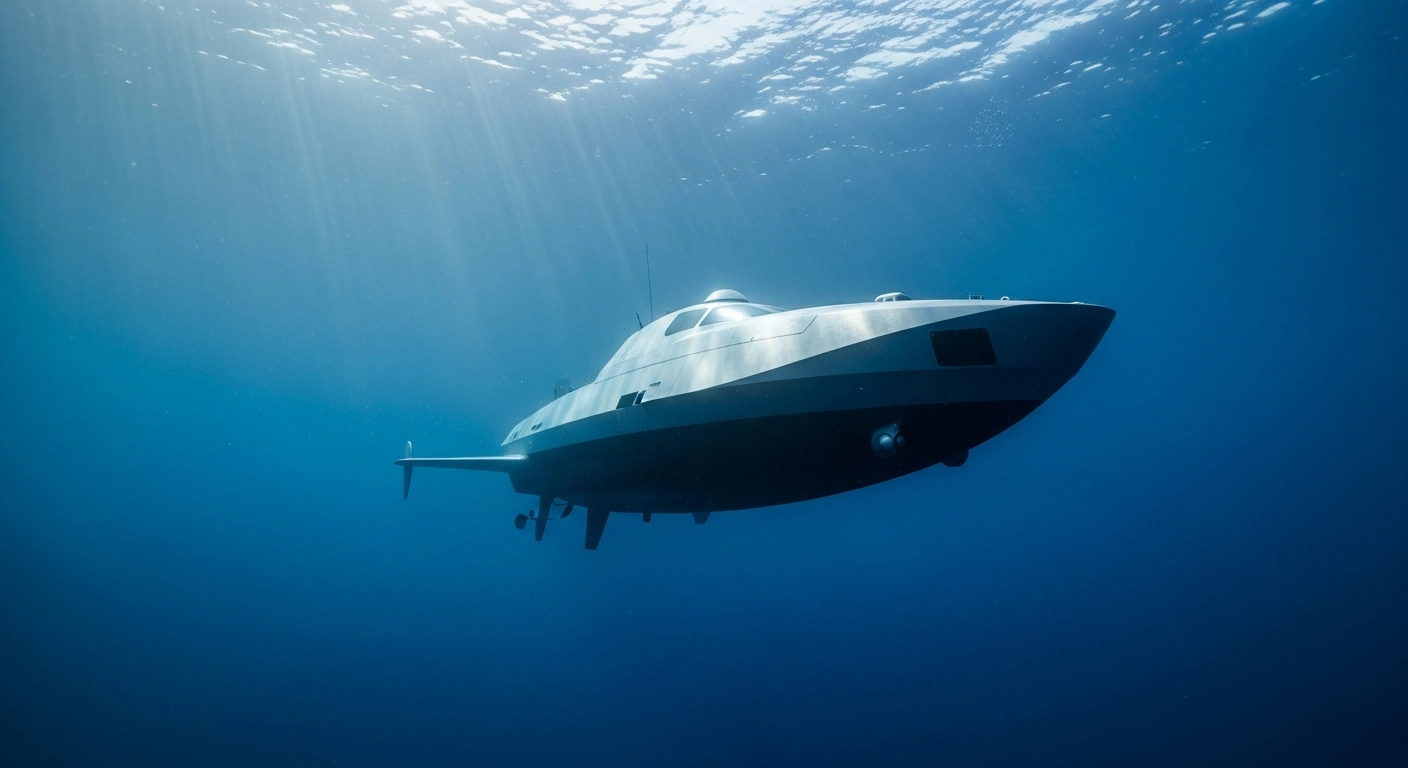 A high-tech autonomous underwater drone patrols the ocean floor as part of the AUKUS alliance initiative to develop advanced maritime technology.