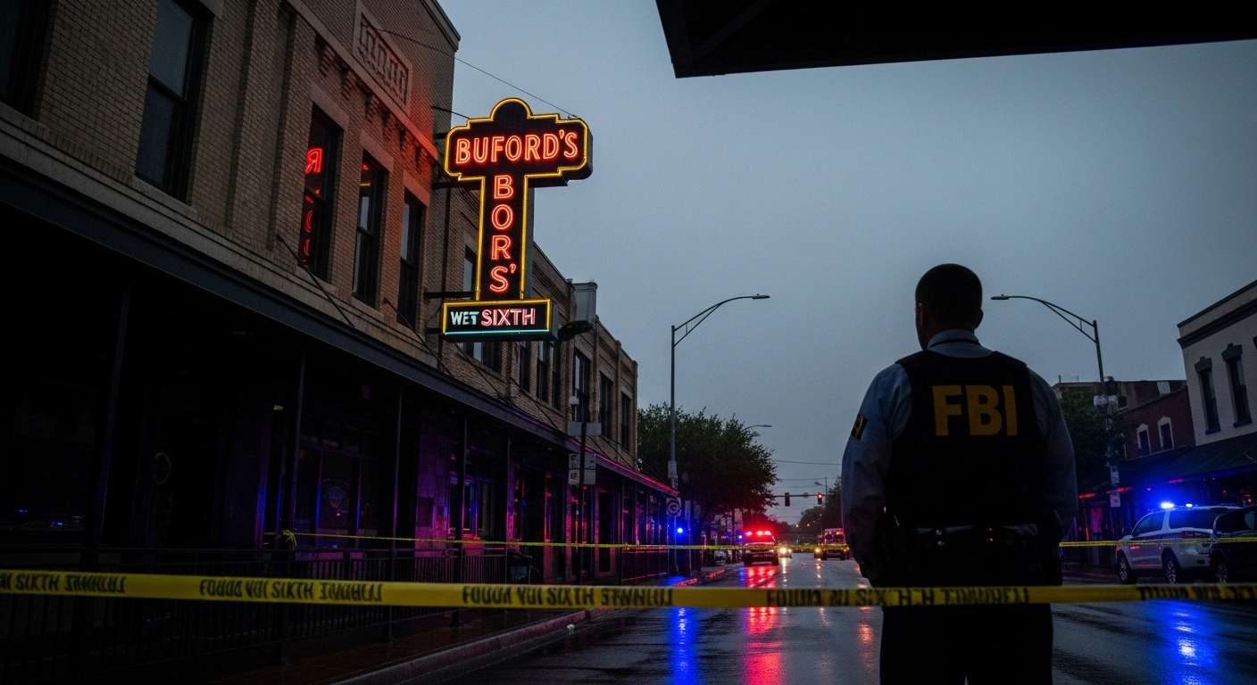 A somber pre-dawn scene outside Buford's bar in Austin, Texas, shows an FBI agent silhouetted against the dark building, with distant emergency lights reflecting on the wet street, indicating the aftermath of a mass shooting that resulted in three fatalities and fourteen injuries, now under investigation for a potential terrorism link.