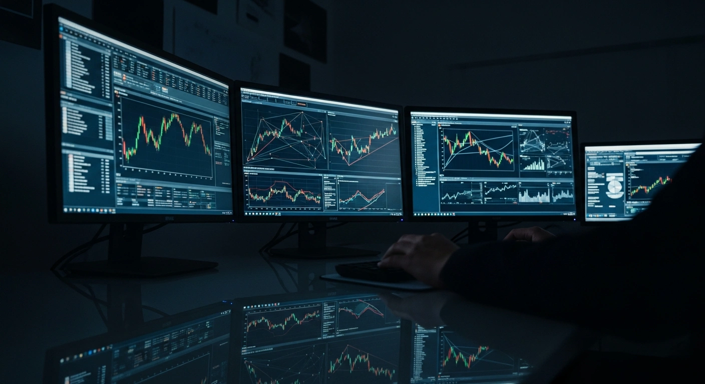 A dimly lit office scene shows computer monitors displaying complex financial data and network graphs, symbolizing the meticulous investigation by Australia's financial crime watchdog, AUSTRAC, into suspicious financial activity that led to the identification of individuals involved in child sexual exploitation material.