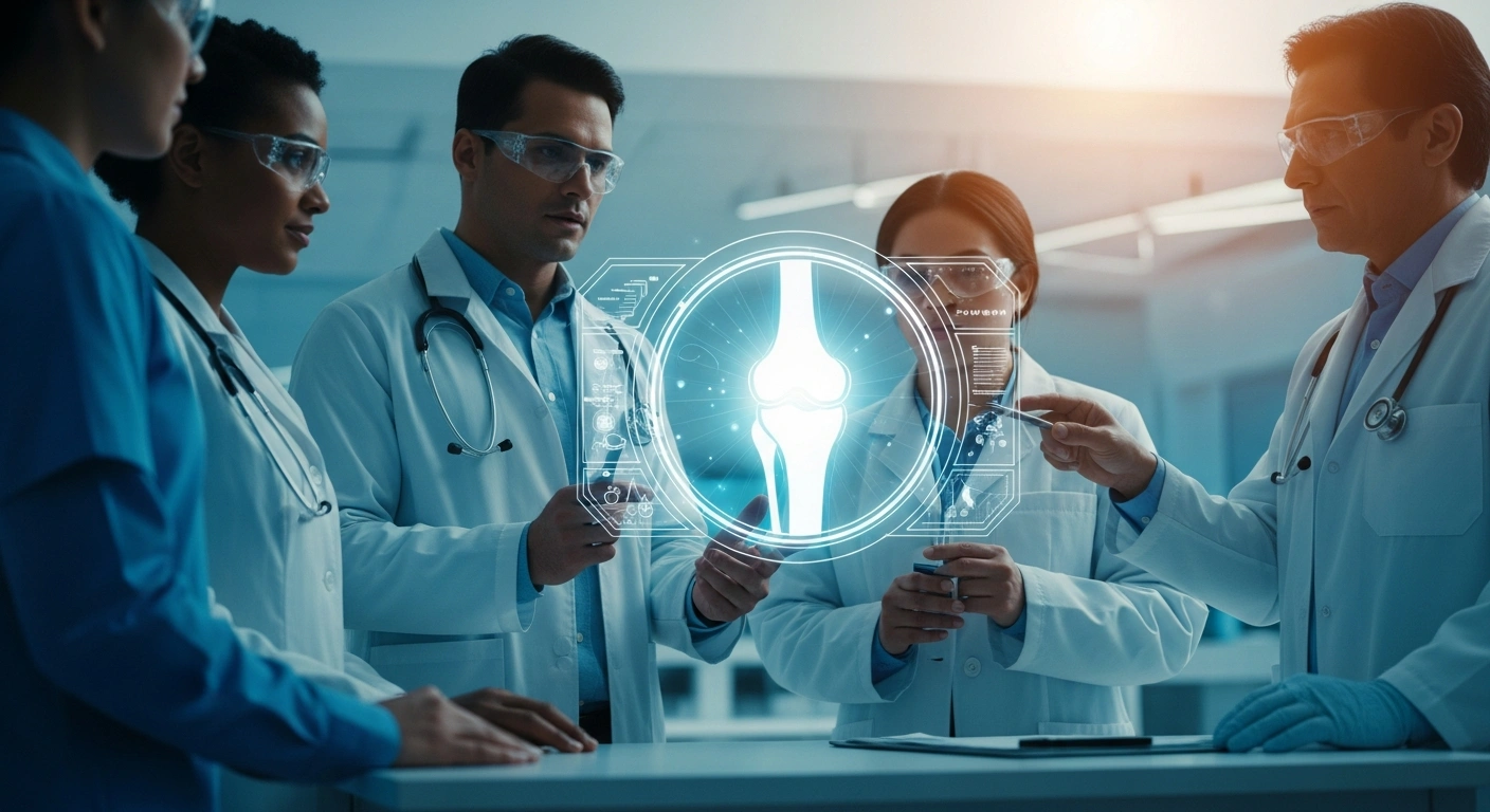 A team of Australian medical researchers and clinicians collaborate on a new arthritis treatment initiative in a modern laboratory setting.
