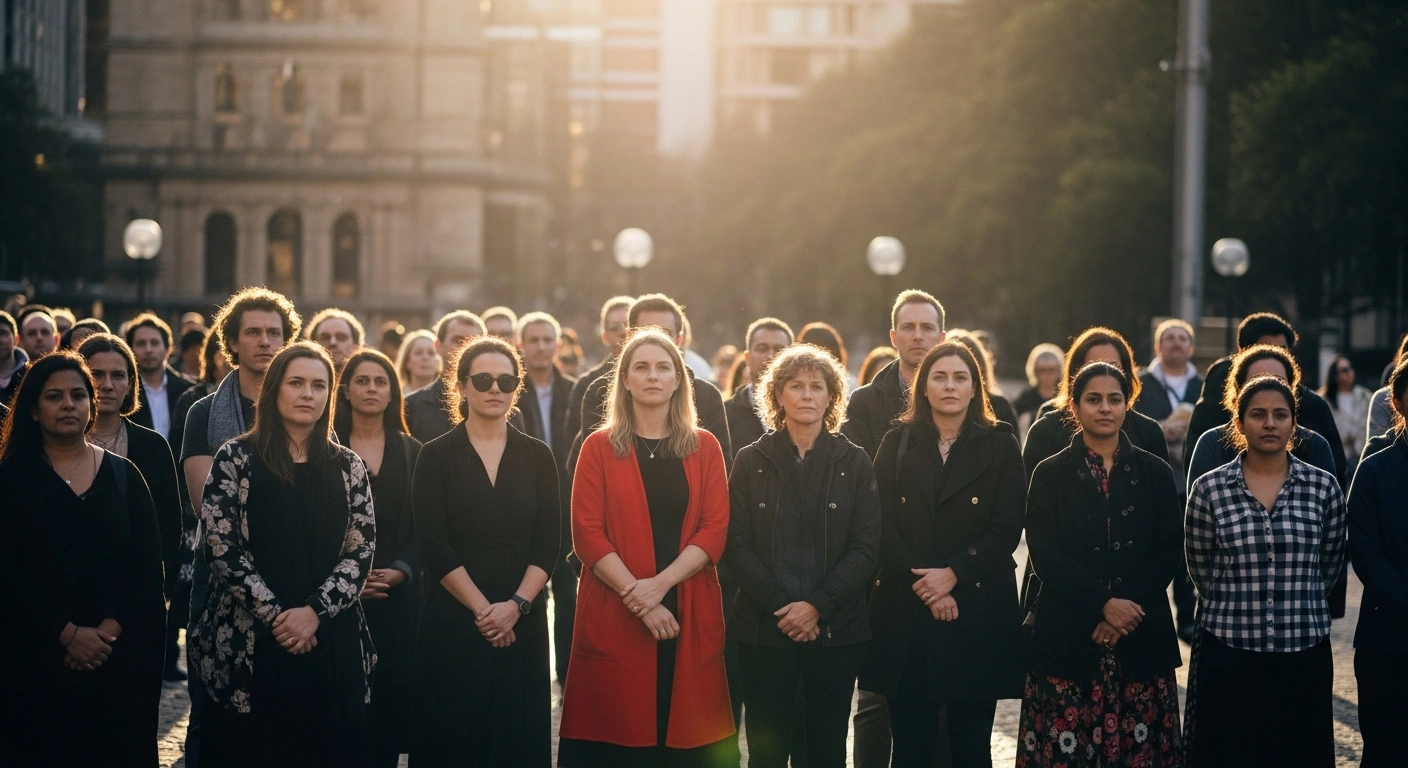 A diverse group of Australians stands together in a sunlit city square to represent the nation's commitment to multiculturalism and social unity.