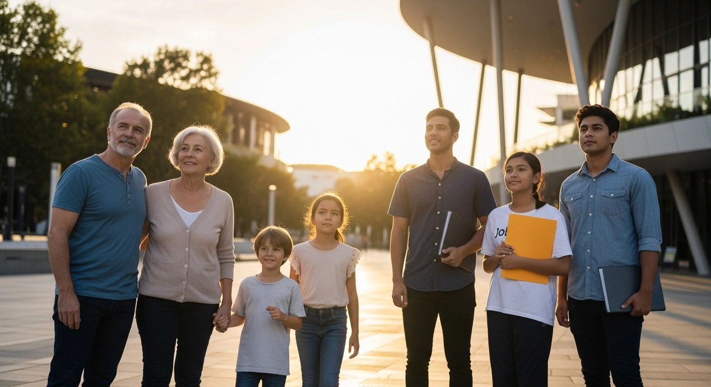 A diverse group of Australians, including seniors, a family, a student, and a job seeker, stand together in a sunlit public square, their expressions reflecting relief and optimism, representing the expanded Centrelink financial assistance from the Australian government.