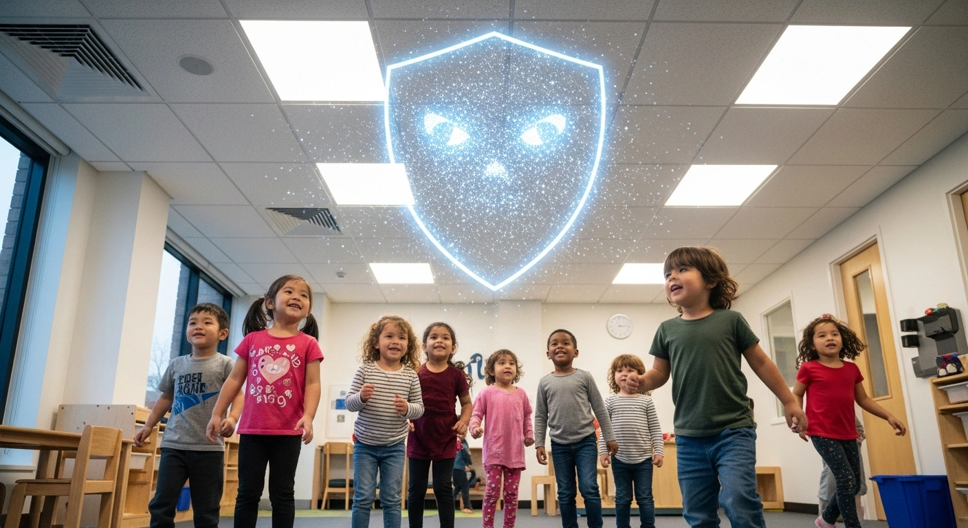 A wide, low-angle shot depicts diverse children playing happily in a modern early childhood center, symbolically protected by a shimmering, abstract digital shield emitting a soft blue glow, representing the Australian Federal Government's $37 million National Continuous Checking Capability for enhanced child safety.