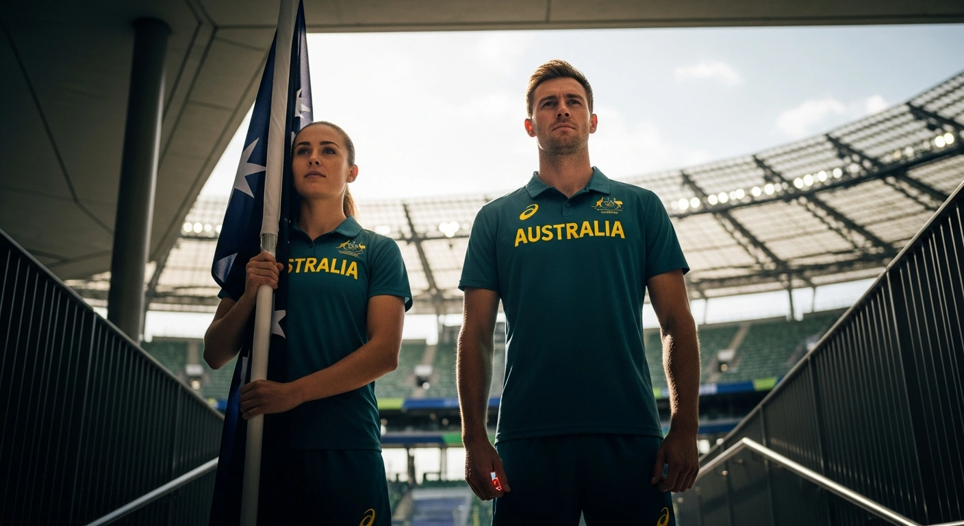 Australian pole vaulter Nina Kennedy and para-swimmer Tim Hodge stand together as flag and baton bearers for the Commonwealth Games.