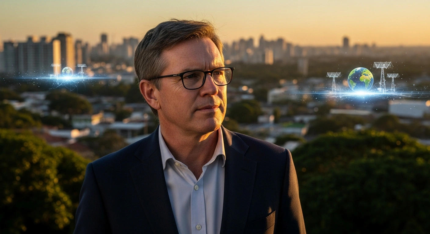 Australia's Climate Change and Energy Minister Chris Bowen stands against a vibrant Brazilian cityscape at dusk, with a symbolic representation of clean energy in the background, as he leads the Australian delegation to COP30 in Belém, Brazil.