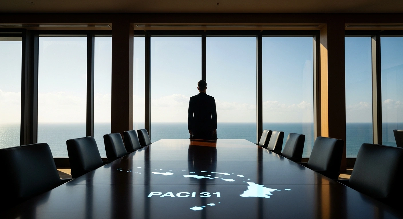 A determined figure, representing Australia's leadership for COP31 negotiations, stands at a polished table with a holographic projection of Pacific island nations, symbolizing the country's pivotal role in addressing regional climate challenges in collaboration with Türkiye and Pacific island countries.
