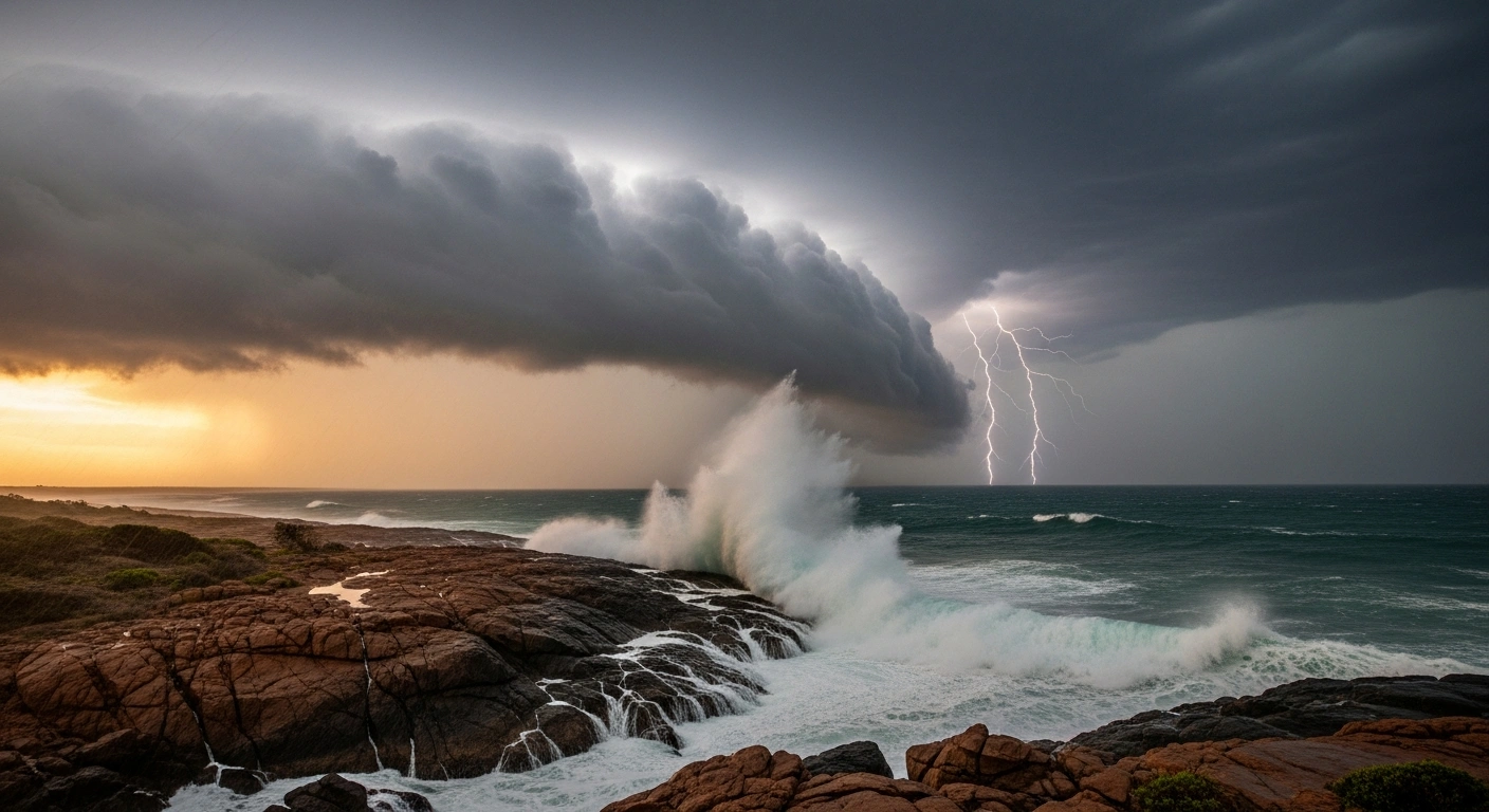 A dramatic low-angle wide shot captures a Category 1 tropical cyclone impacting Australia's Northern Territory coastline, featuring towering, dark storm clouds, jagged lightning, monstrous waves crashing against rocks, and driving rain, with a distant hazy orange glow on the horizon subtly indicating a concurrent heatwave in central Australia.