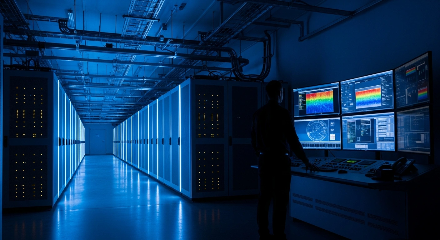 A modern data center interior in Australia represents the industry facing new national energy efficiency regulations and state-level policy resistance.