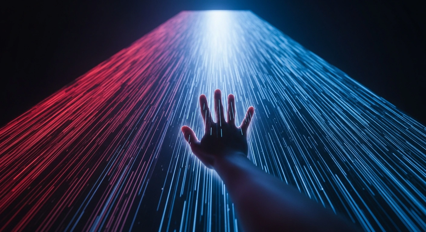 A low-angle shot depicts a towering digital firewall shimmering with shifting colors, as a resolute hand presses against it, symbolizing Australian authorities, led by the eSafety Commissioner, successfully blocking access to harmful AI 'nudify' websites.