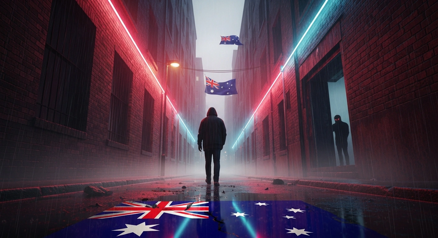 A wide, low-angle photograph shows a lone, silhouetted figure walking away in a rain-slicked, neon-lit urban alley at dusk, with distorted reflections of a fractured Australian flag in puddles and a menacing silhouette watching from the shadows, symbolizing foreign interference, potential assassination attempts against dissidents, and social discord in Australia.