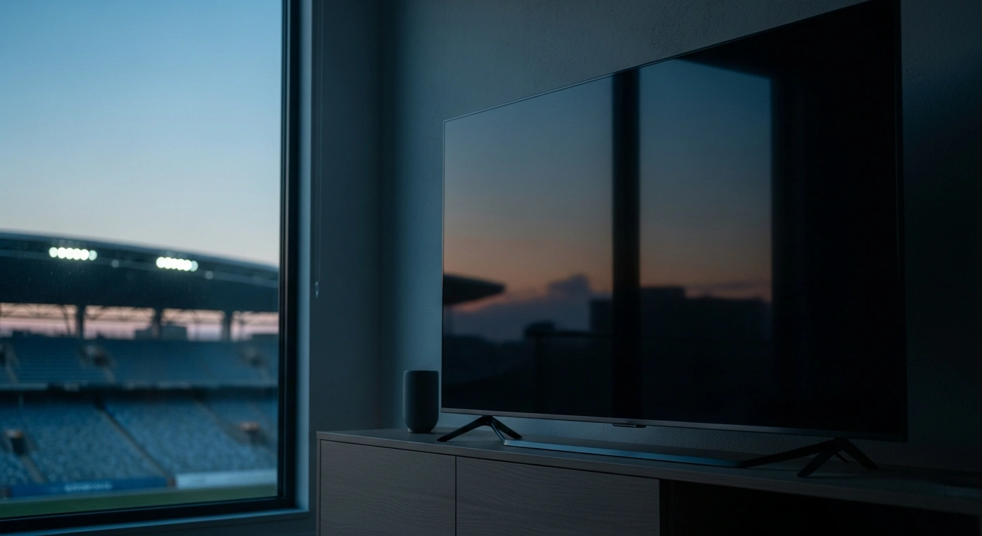 A darkened television screen in a living room overlooks a sports stadium, representing the Australian government's new plan to restrict gambling advertisements.