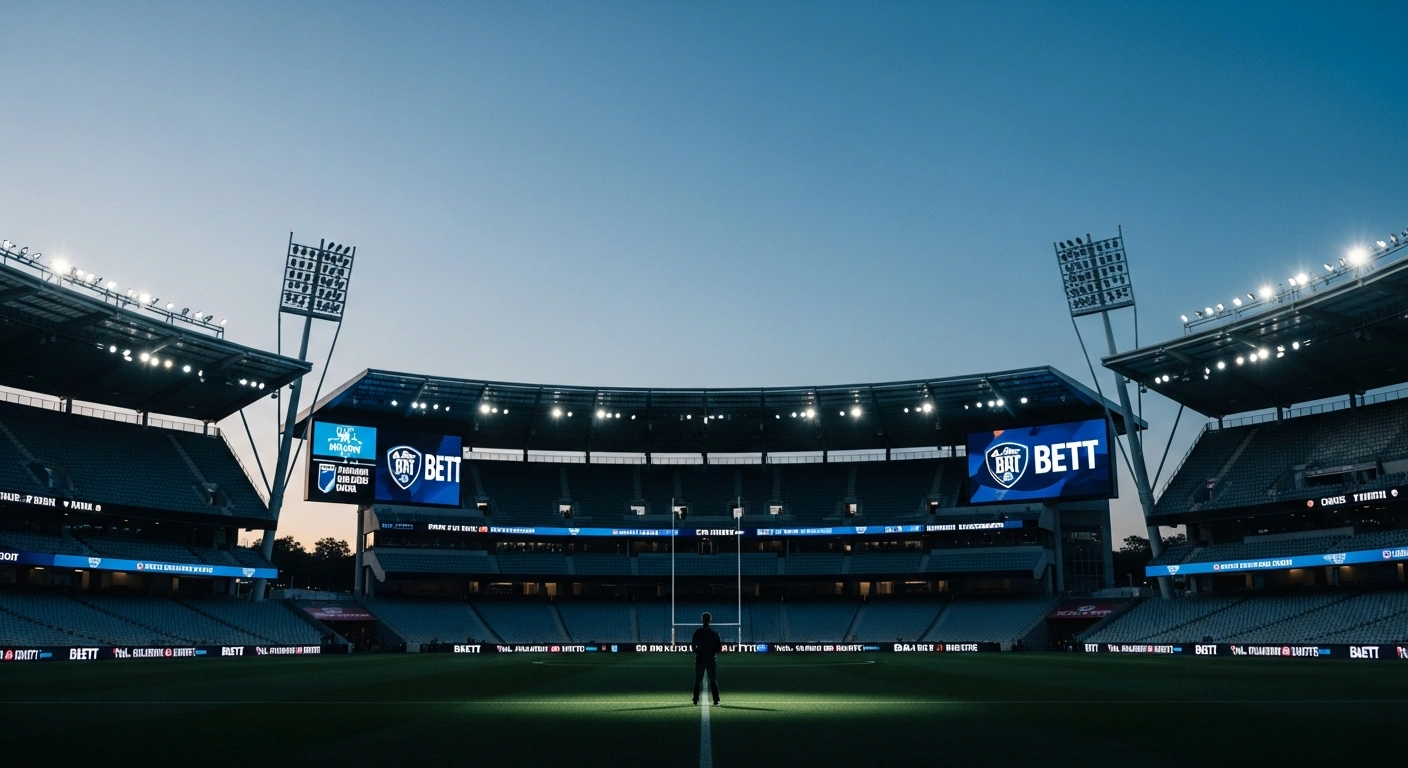 A dark and empty Australian sports stadium stands at dusk, representing the new government ban on gambling advertisements within sports venues.