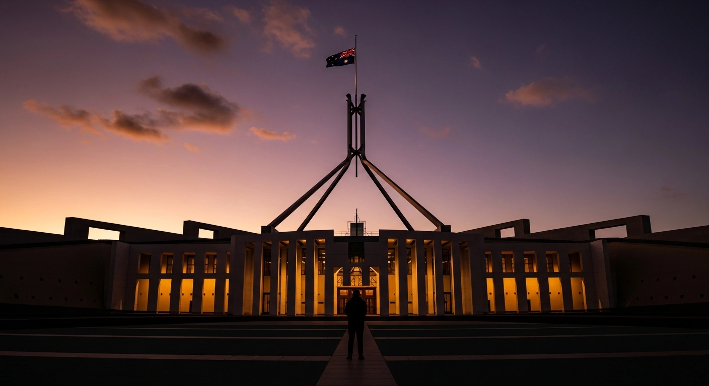A low-angle view of the Australian Parliament House at dusk, with a lone silhouetted figure in the foreground, symbolizing the passing of significant new gun laws, including a national buyback scheme and enhanced background checks, in response to the Bondi Beach terror attack.