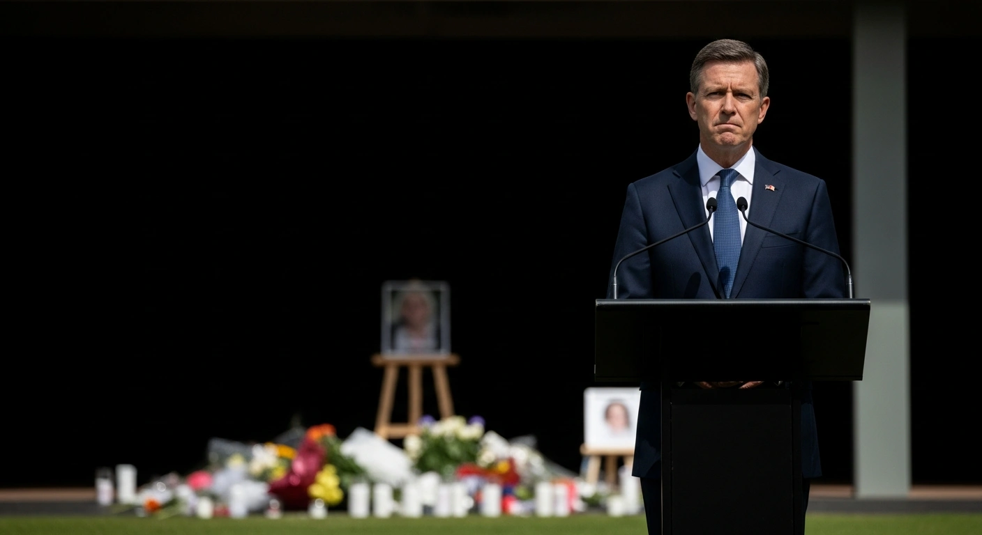 Australian Prime Minister Anthony Albanese stands resolutely at a podium, pledging new federal laws and increased penalties for a hate speech crackdown, against a somber background hinting at the recent Bondi Beach terror attack and the funeral of 10-year-old Matilda.