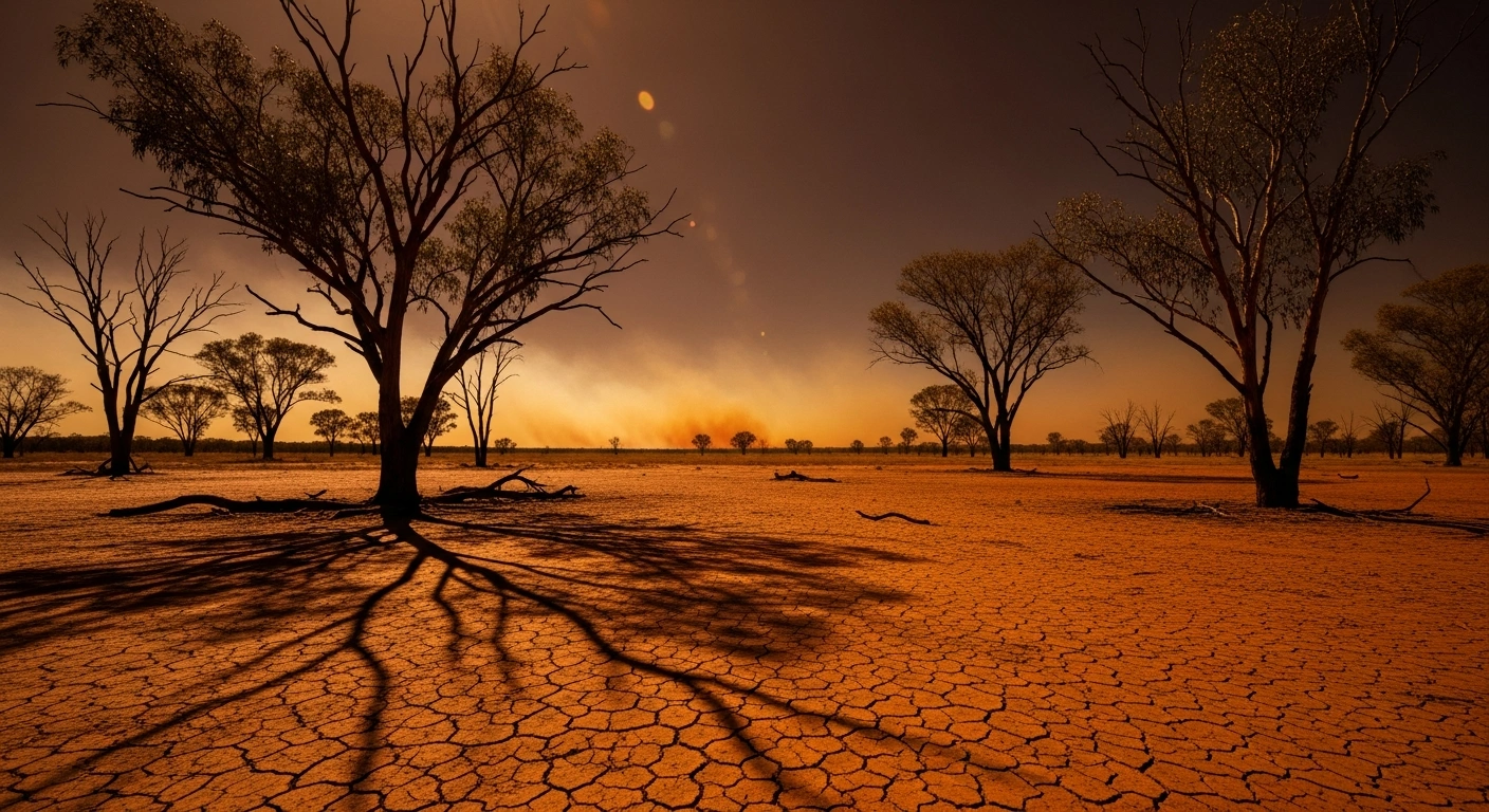 A wide, low-angle shot of a parched Australian outback landscape under a harsh, bleached sun, with cracked earth, skeletal eucalyptus trees, and a shimmering heat haze distorting the distant horizon, indicating extreme heatwave conditions and potential fire danger.