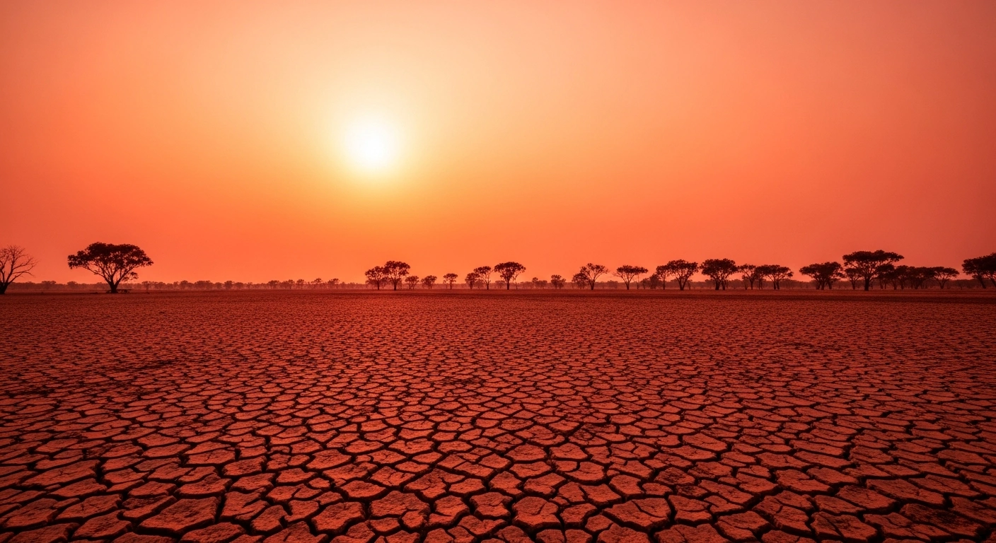 A desolate, sun-baked Australian landscape with cracked earth and shimmering heat haze under a fiery orange sky, depicting the severe and prolonged heatwave with catastrophic fire danger warnings approaching 50C.