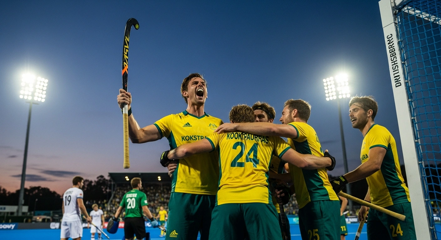 Australian Kookaburras field hockey players, led by a triumphant goal scorer, celebrate their decisive 3-0 victory against Pakistan in the FIH Pro League in Hobart.