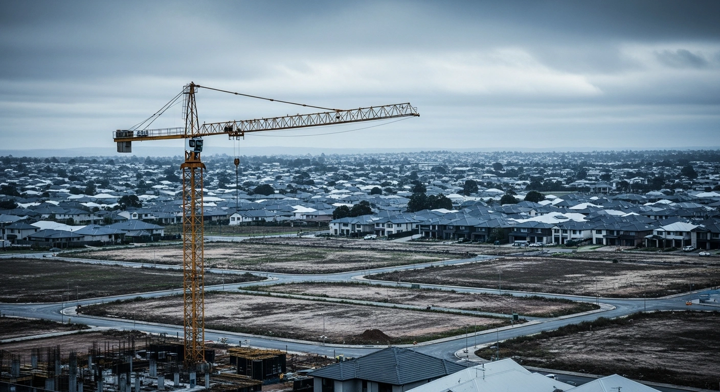 A wide view of an incomplete Australian housing development shows the impact of high migration levels on national residential construction rates.