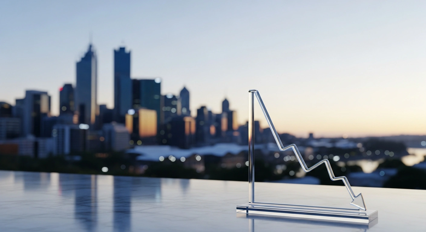 A conceptual representation of Australia's economic landscape showing a downward trend in inflation rates against a blurred backdrop of a modern city skyline.