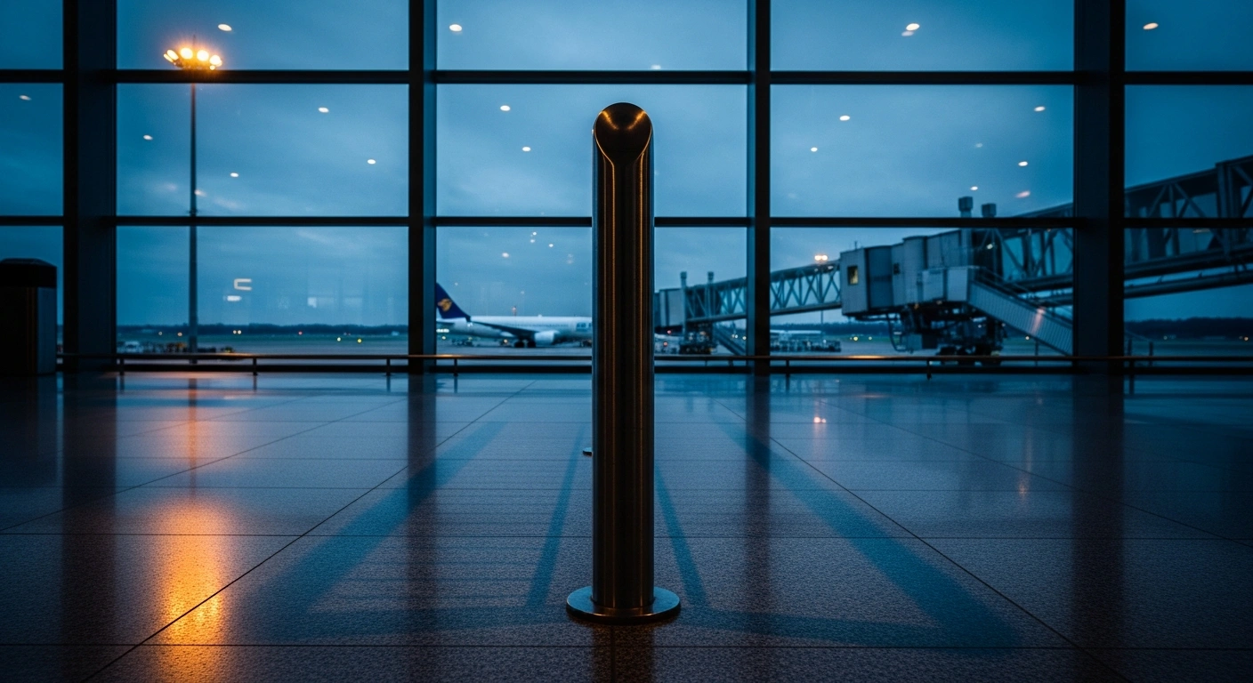 A modern airport terminal entrance represents the Australian government's temporary six-month entry ban for Iranian tourist visa holders.