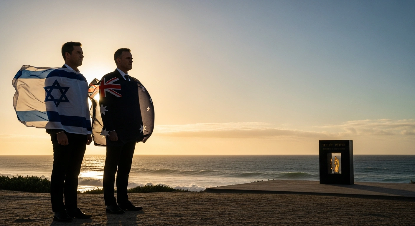 Two distinguished figures, representing Israel and Australia, stand side-by-side on an Australian coastline at golden hour, gazing towards a distant, subtly illuminated memorial, symbolizing solidarity and remembrance after a recent antisemitic attack.