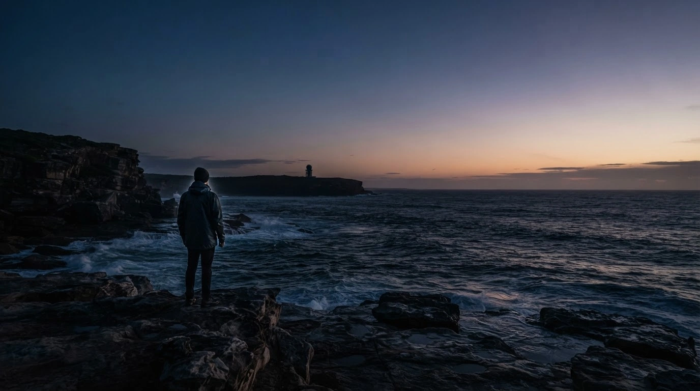 A person stands on an Australian coastline looking out at the ocean, representing public concern over national security and defense preparedness.