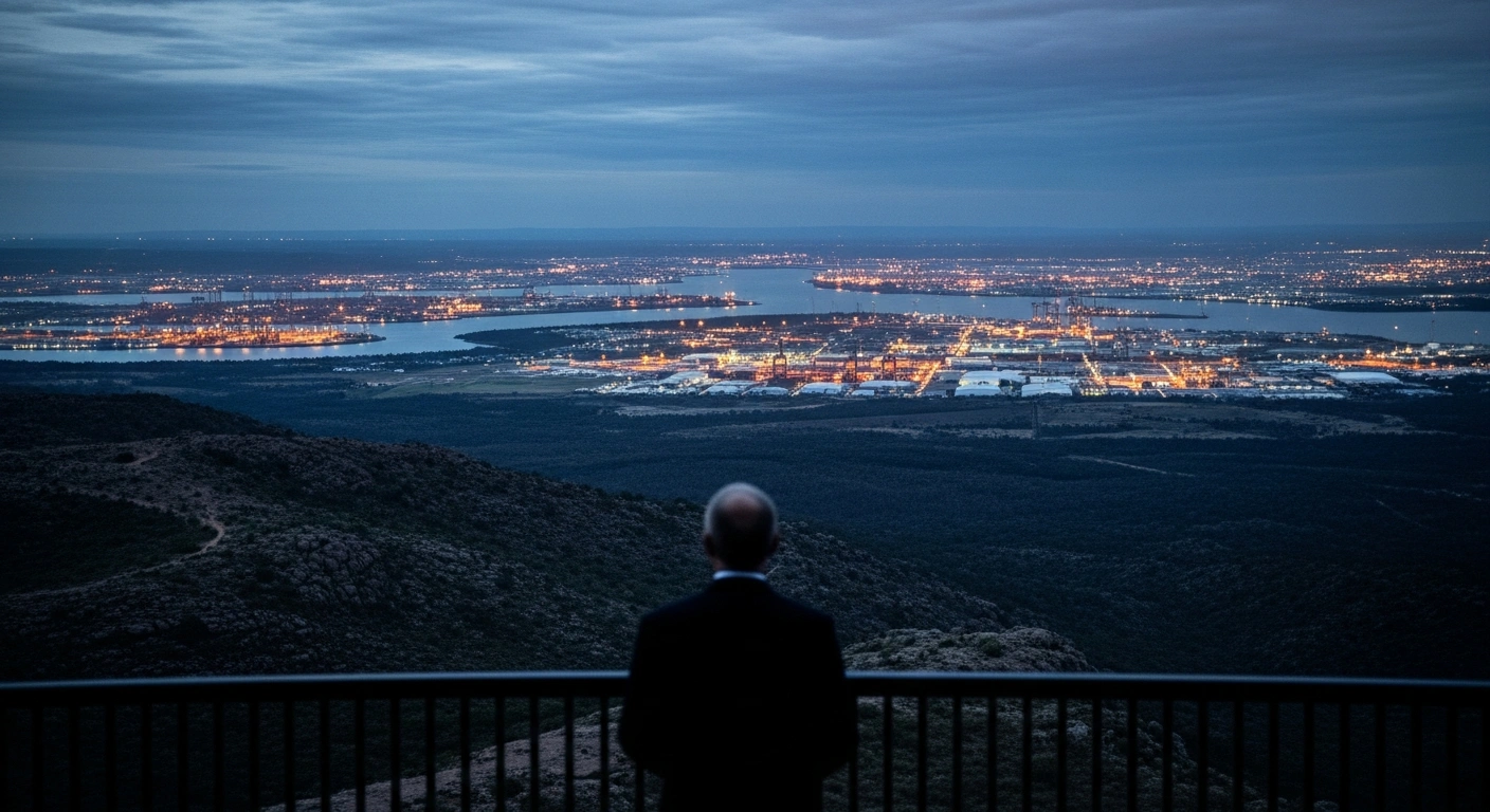 A silhouette of a government official overlooks a sprawling Australian industrial port at twilight to represent the parliamentary inquiry into national supply chain security.